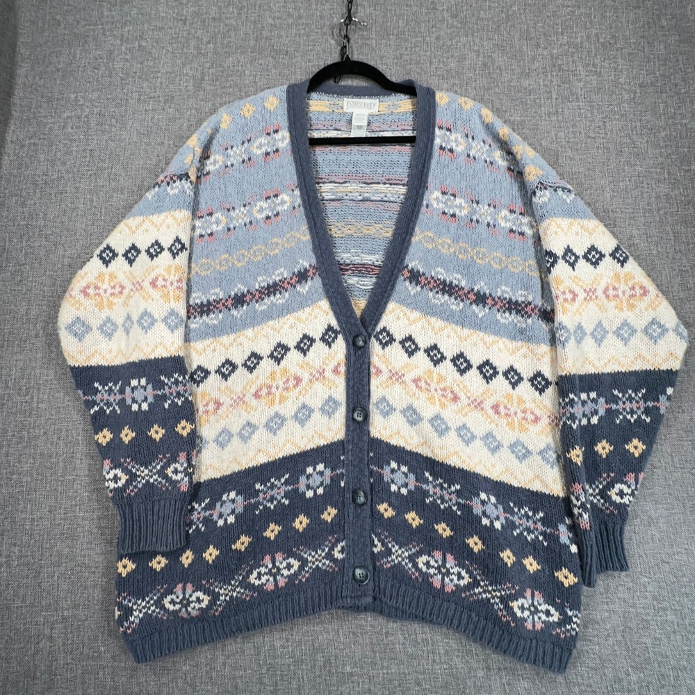 Vintage Lands End Cardigan Sweater Women L Blue Fair Isle Cotton 90s Made in USA